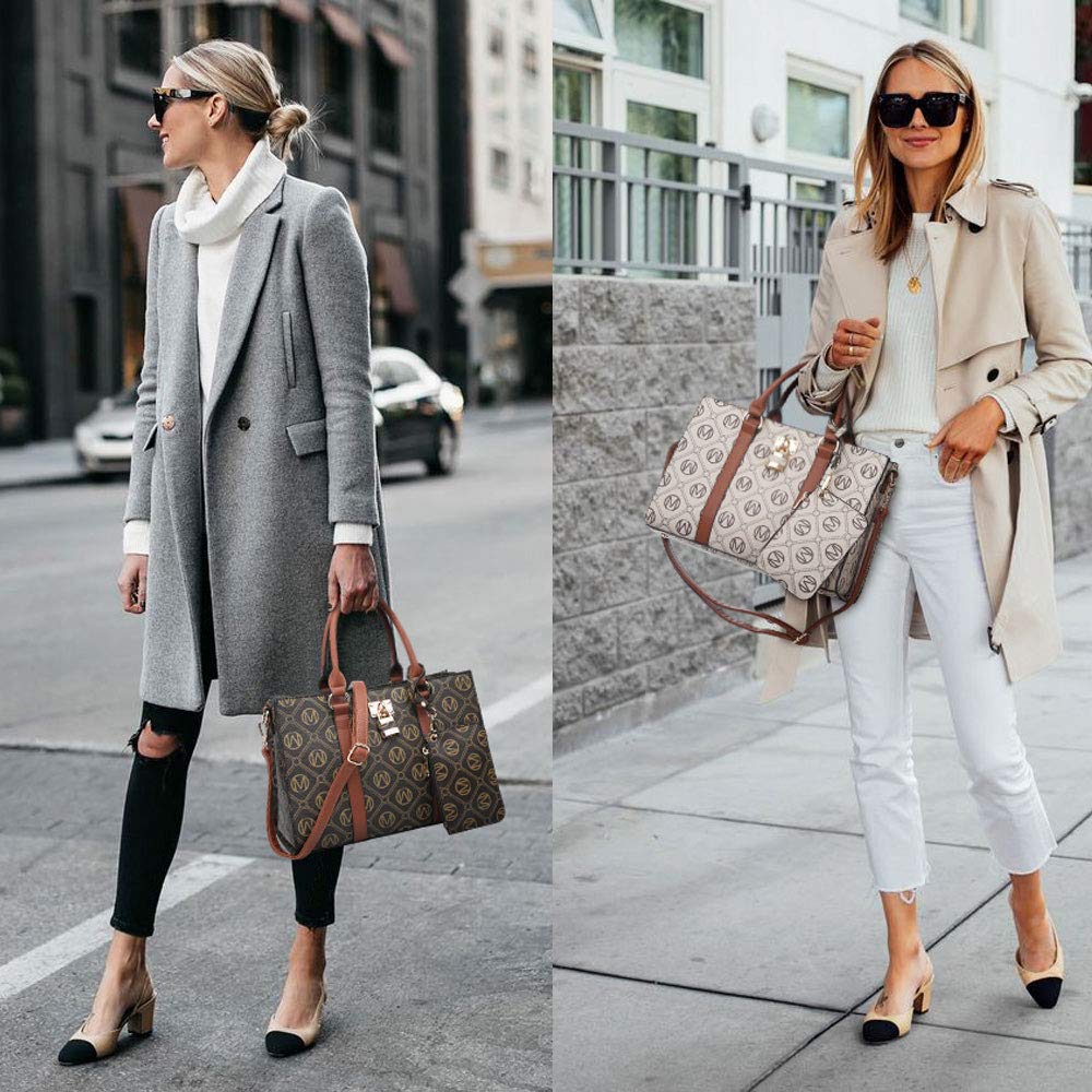 MKP Women Fashion Top Handle Handbags Purses Satchel Tote M Signature Padlock Shouler Bags Work Bag with Wallet Wristlet Set 2pcs (Coffee)