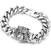 COOLSTEELANDBEYOND Men's Stainless Steel Tiger Head Bracelet with Bold Curb Chain, Masculine Gothic Biker Jewelry