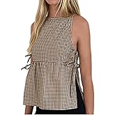Women Y2k Tie Side Tank Top Spaghetti Strap Tie Up Peplum Gingham Top Summer Casual Vintage Going Out Vest Streetwear