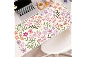 Large Floral Daisy Print Gaming Mouse Pad with Non-Slip Rubber Base - Durable Oblong Desk Mat for Keyboard,60x30 cm, Pink & P