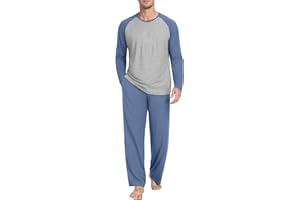 PrinStory Men's Pajama Set Sleepwear Pjs Lightweight Long Sleeve Crewneck Shirts and Bottoms Soft Comfy Sleep Sets