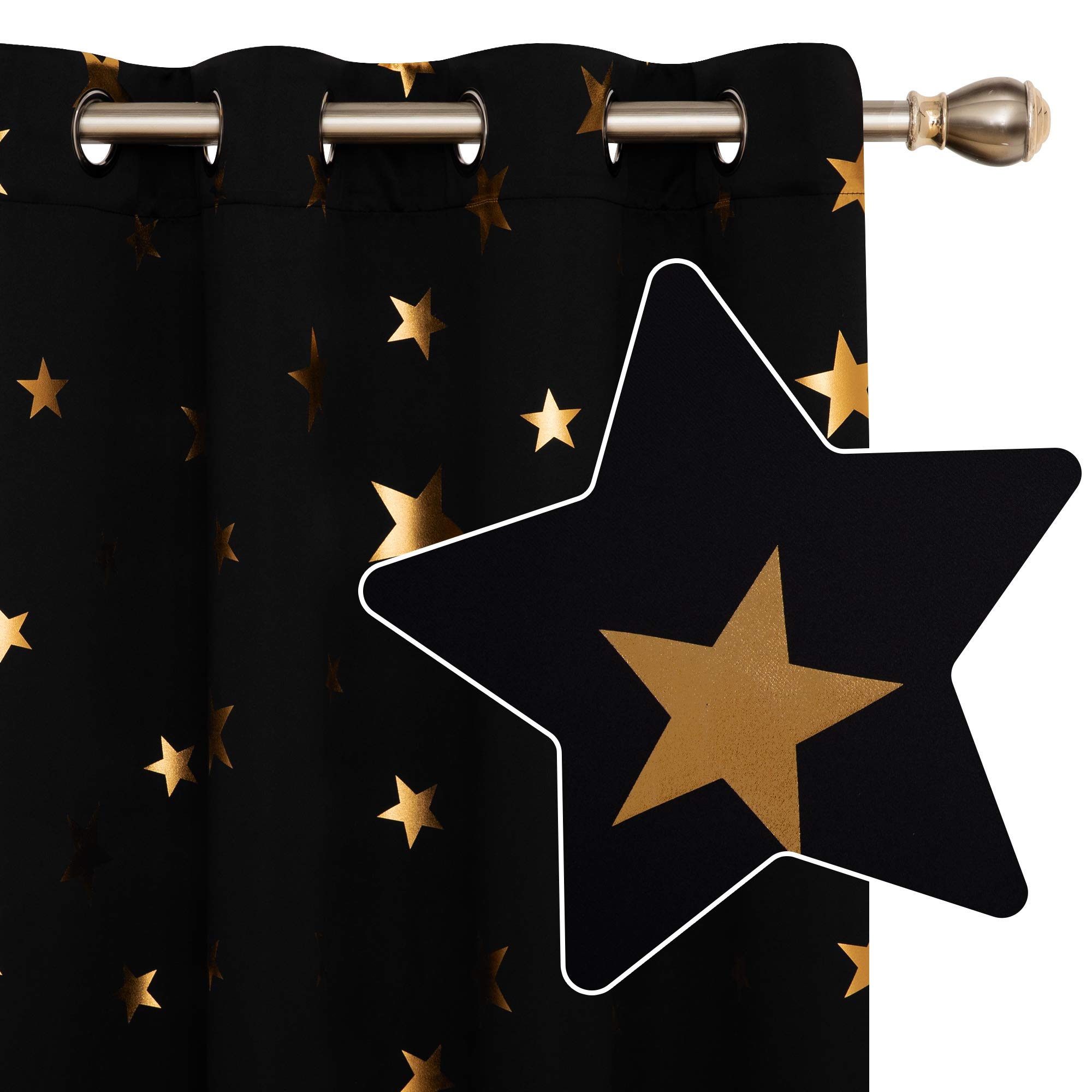 Deconovo Blackout Curtains, Bedroom Curtains, Gold Star Foil Printed Eyelet Curtains for Livingroom, 46 x 90 Inch (Width x Length), Black, 2 Panels — image 1