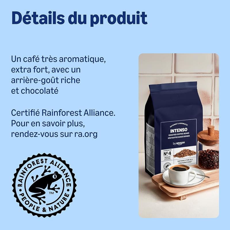 Grains de Café Intenso, Torréfaction Corsée, 2kg (2 Paquets de 1kg) – Certifiés Rainforest Alliance
