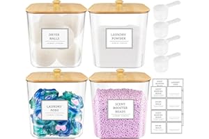 HOMEPEKITE 4 Pack Clear Laundry Pod Container With Bamboo Lids & Labels - Large Detergent Powder Storage for Room Organization, Scent Booster Holder