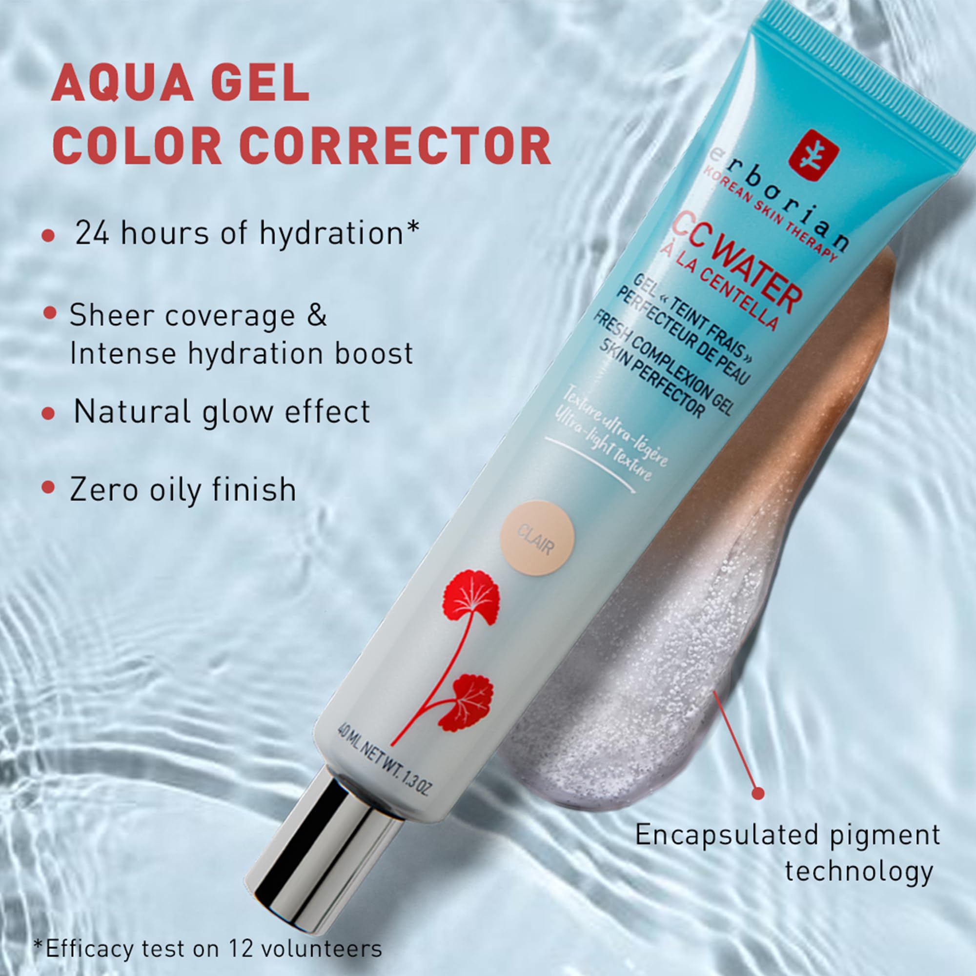 Erborian CC Water with Hyaluronic Acid - Ultra-Light Aqua Gel Color Corrector with Centella Asiatica & Hyaluronic Acid - Plump, Softer & Hydrated Skin