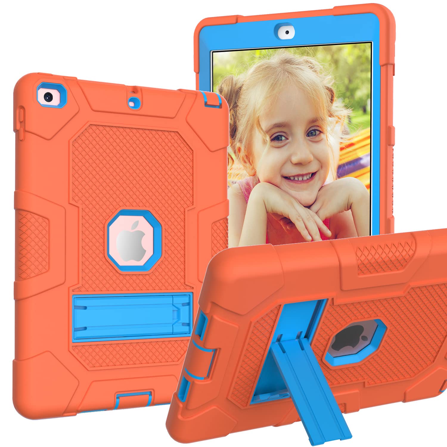 iPad 9.7 2018 Case with Stand, Heavy Duty Shockproof Hard Hybrid Triple Layer Protective Soft Shell Apple Tablet Silicone Case (Orange+Blue)