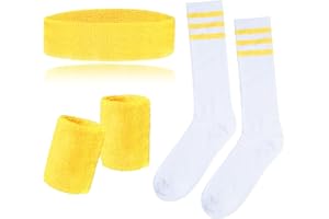 Sucrain 5 Pieces Striped Sweatbands and Socks Set, Sports Sweatbands Wrist Sweat Bands Red, White& Blue High Tube Socks 80s Accessories Costumes for Men Women