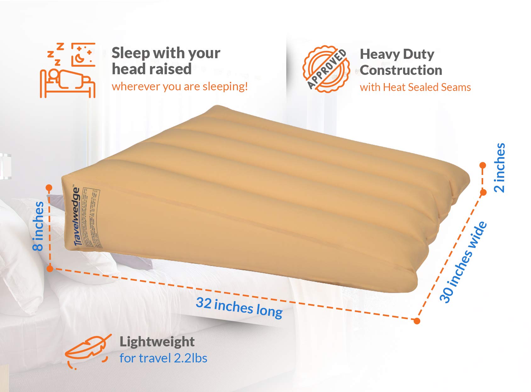 Inflatable Bed Wedge Pillow, Acid Reflux Wedge, Sleep w/Your Head