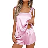 Ekouaer Womens Silk Pajama Set Bow Tie Knot Tank Top Satin Pjs Sets for Bridal Party 2 Piece Cami Shorts Sleepwear S-XXL