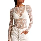 KTILG Womens Lace Long Sleeve Boat Neck Tops Sheer Blouse Sexy See Through Shirt Mesh Top S-XXL