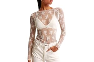 KTILG Womens Lace Long Sleeve Boat Neck Tops Sheer Blouse Sexy See Through Shirt Mesh Top S-XXL