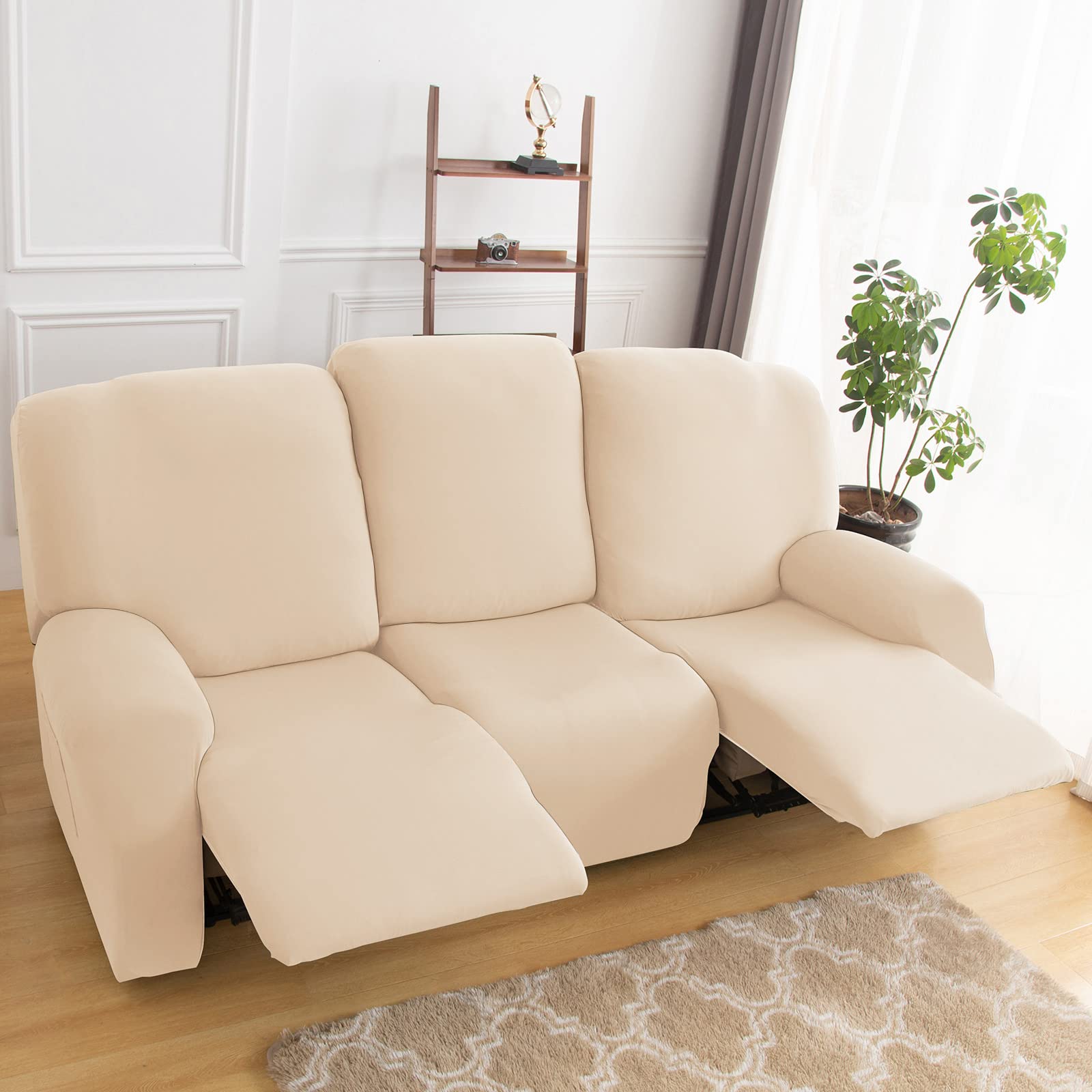 Stretch Recliner Chair Cover,8-Pieces Sofa Cover Slipcover Couch Covers,Armchair Cover Non-Slip Furniture Protector ,Elastic Spandex Soft Recliner Chair Protector with Side Pocket(3 Seater Beige)