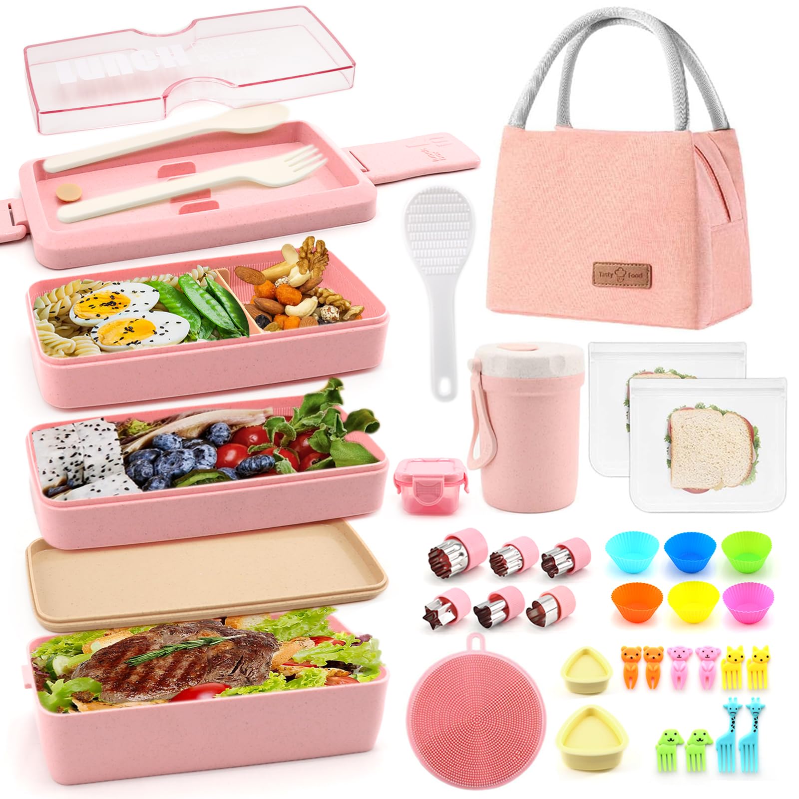 Photo 1 of 35Pcs Bento Box Japanese Lunch Box Kit Leakproof Bento Lunch Box for Kid Adult Wheat Straw 3 Layer Stackable Lunch Container w Compartment Lunch Bag for Teen Prepy Girl Meal Prep Containers (Pink)