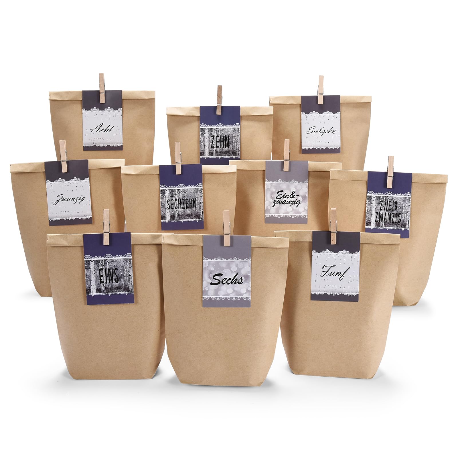 PANSIBY Advent Calendar for Filling, 24 Christmas Calendar Paper Bags for Self-Filling, Kraft Paper Bags, Advent Bags, Fill Yourself, Blue Grey Business Cards with Numbers
