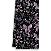 Fuasei Purple Boho Witchy Kitchen Towels, Mystical Moon Butterfly Floral Hand Towels for Bathroom Decor, Cottagecore Vintage Flower Moth Dish Towel Tea Towel for Kitchen Decor, 16x24 Inch