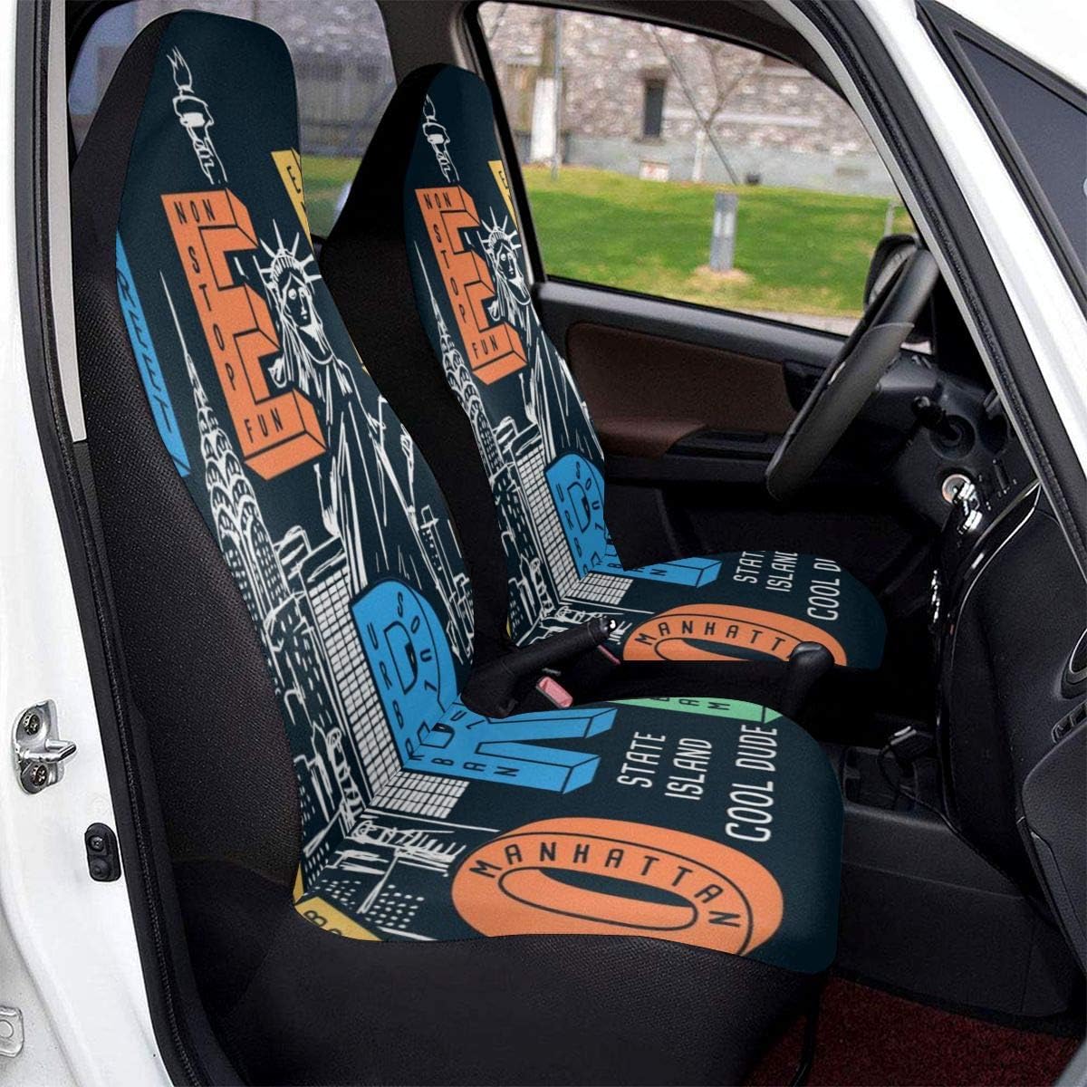 Amazon 車用シートカバー Tシャツのプリントやその他の用途のためのニューヨークのテーマベクトル おしゃれ かわいい マルチカラー 軽自動車 普通車 フロント座席適用 シートカバー 車 バイク