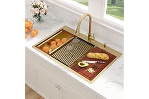 Sarlai 33 Gold Drop In Sink - 33x22 Inch Drop In Kitchen Sink Gold Ledge Workstation Sink 16 Gauge Stainless Steel Single Bowl Topmount Sinks Basin