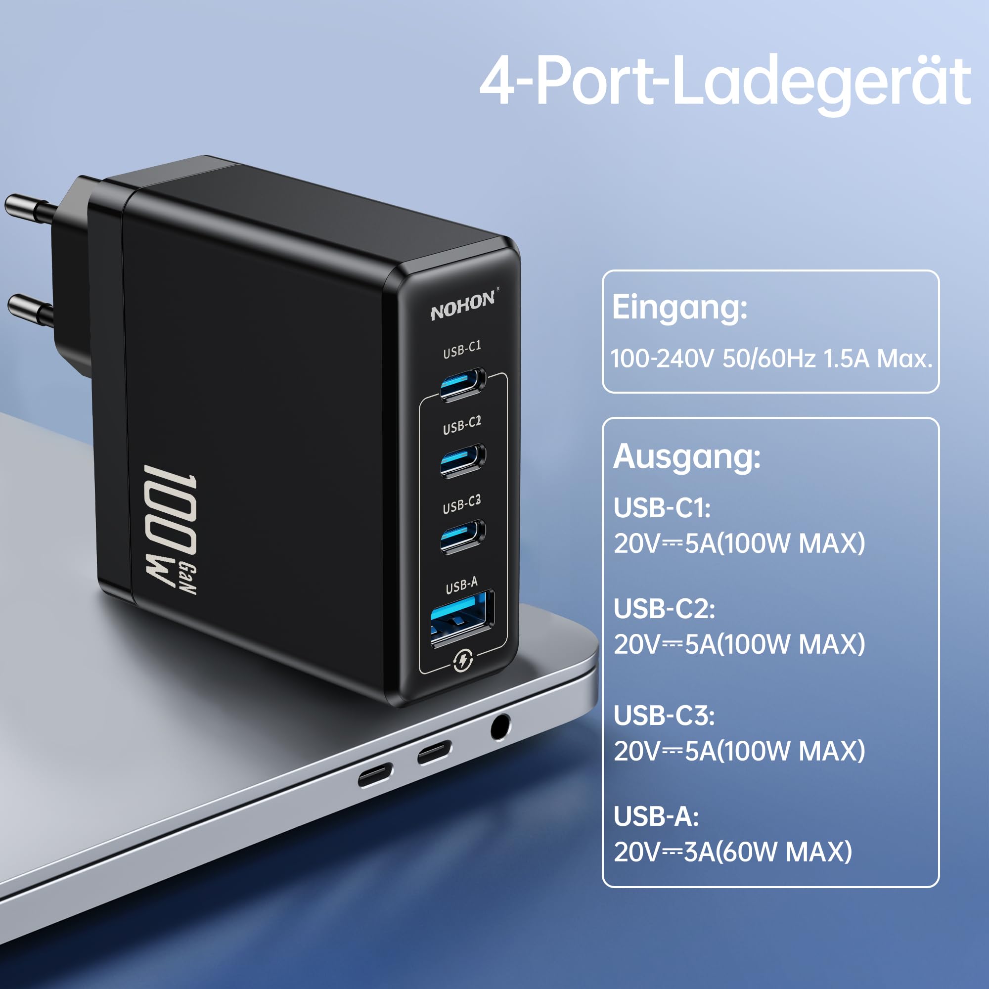 NOHON USB-C Ladegerät Fast Netzteil: 100W GaN Handy 3-Port Schnellladegerät PD Charger 3.0 mit 140W Typ-C 1.2M ladekabel | PPS kompatibel mit MacBook iPad Pro Air Galaxy S23 | für iPhone 15 14 13 12 5