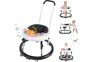 AIRLYA-LIFE Baby Walker, Foldable 9-Gear Height Adjustable Baby Walker with Wheels, Infant Toddler Walker with Music Disk, Anti-Fall Baby Walkers and Activity Center with Foot Pads for Boys and Girls 6-24 Months