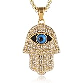 HZMAN 18k Gold Plated Iced Out CZ Stainless Steel Blue Evil Eye Beads Fatima Hamsa Hand Pendant Necklace