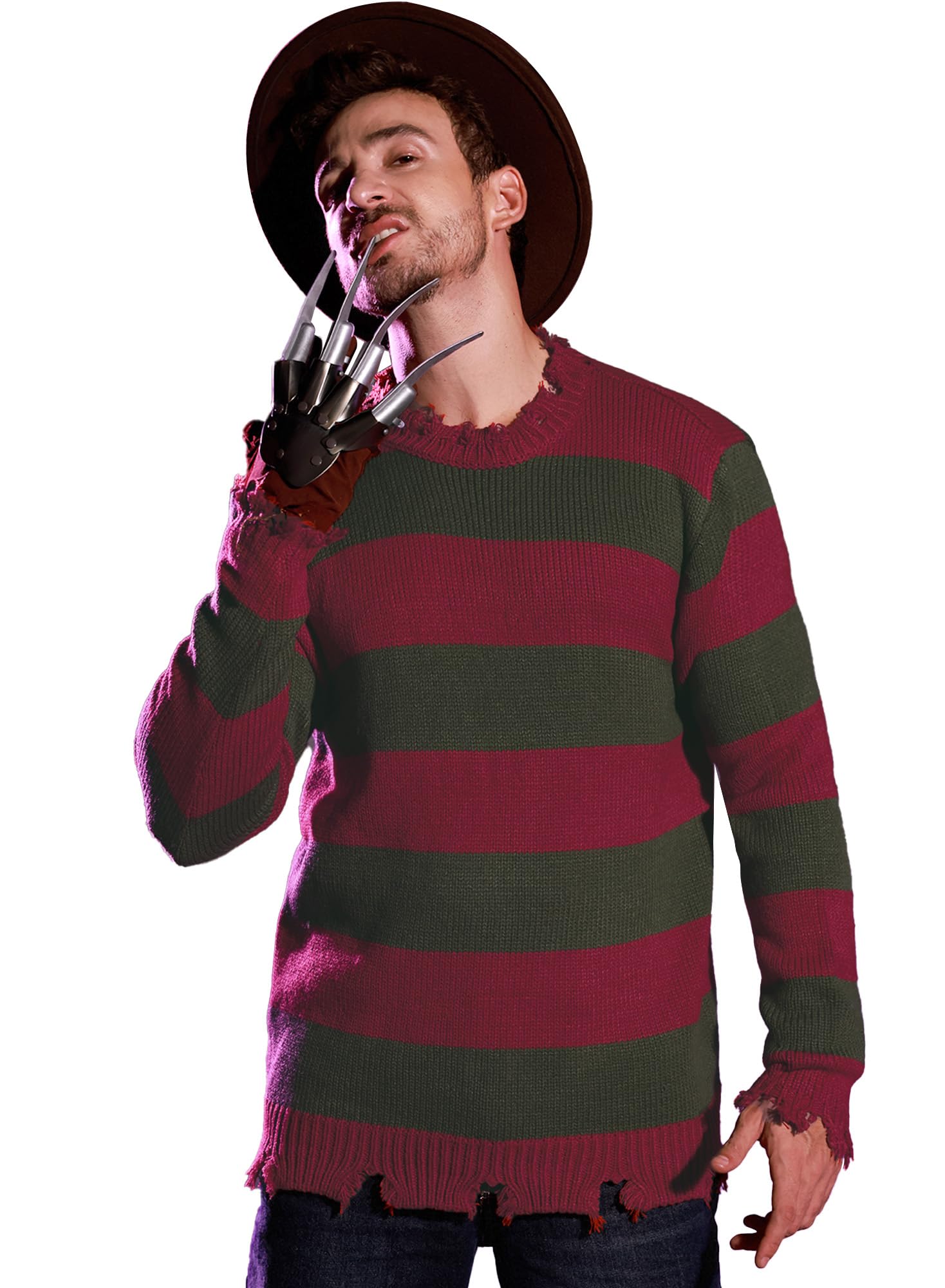Mainfini Men Freddy Krueger Sweater Red & Green Stripes Long Sleeve Cropped Jumper Freddie Knitted Sweater XL