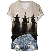 Halloween Witch Print T-Shirt for Women Witches Gather Graphic Tees Vintage Halloween Party Clothes Top