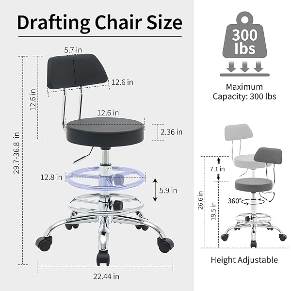 FIRAVOE OFFICE CHAIR WITH BACK (ADJUSTABLE HEIGHT POSTURE STOOL 19.5″-26.6″)(DRAFTING CHAIR ON WHEELS) WORK STOOL WITH FOOTREST (BLACK)