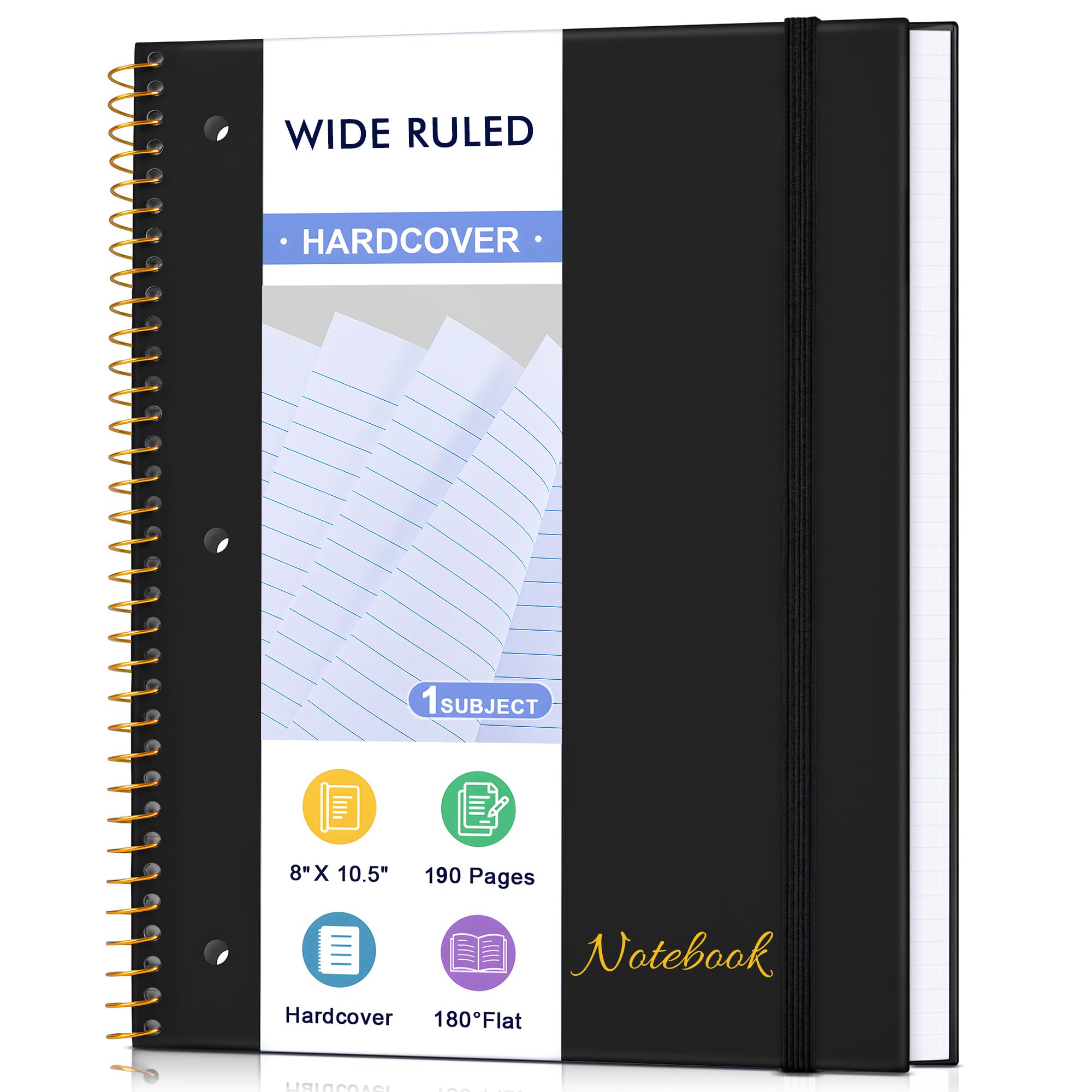 Photo 1 of MUAHLIUB Spiral Notebook Wide Ruled Paper 8" x 10 1/2", 1 Subject Spiral Notebook, 3-Hole Punched Perforated Pages Ideal for School, Office, Writing, 95 Sheets Lined Journaling Notebook, Black
