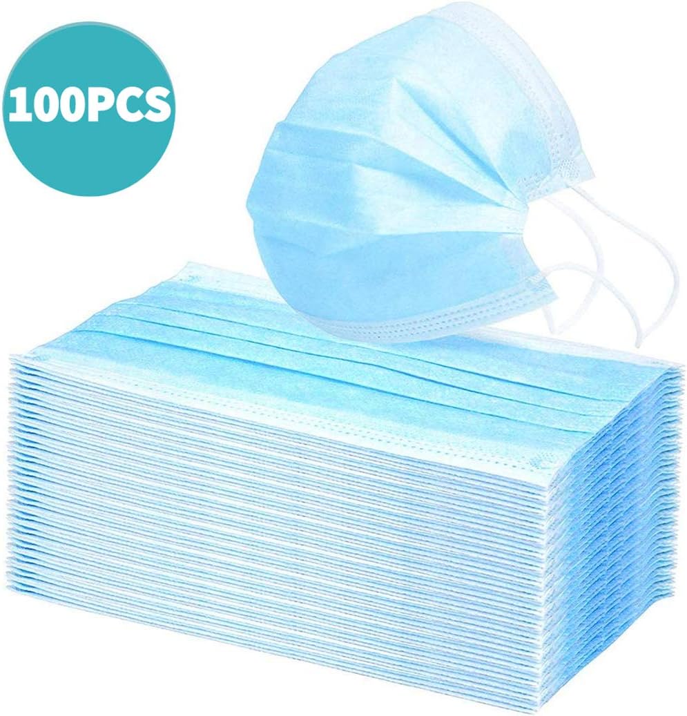 Three Layer Disposable Protective Face Shields, Anti Spittle Waterproof Dustproof Breathable with Earloops and Nose Clip, Blue 100PCS