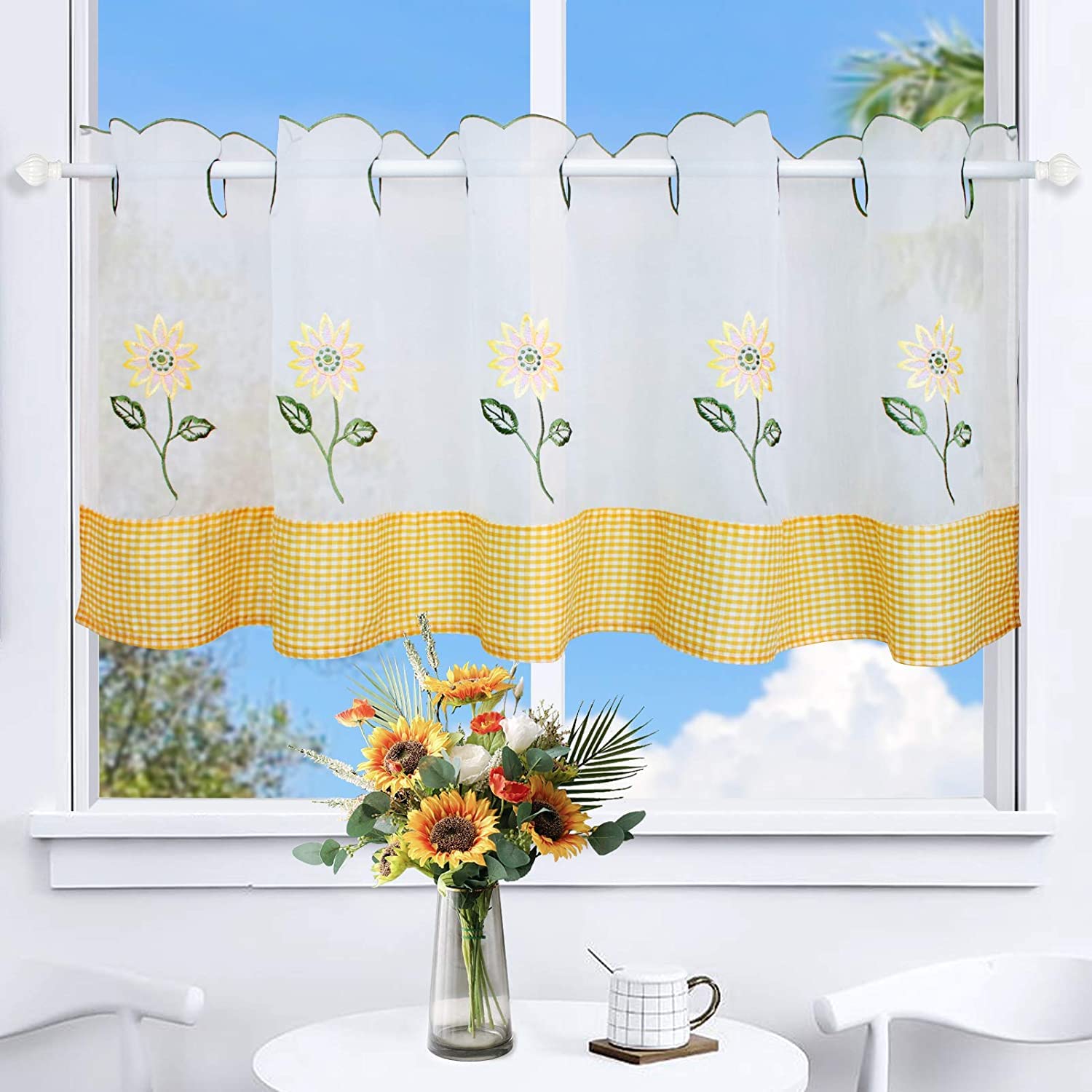 choicehot Short Net White Curtains for Windows - Cafe Kitchen 24 inch Drop Window Voile Valance with Sunflower Embroidery Yellow British Plaid, 60x145cm / 24x57 inch