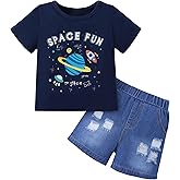 Jecson Toddler Boy Clothes Summer Outfits Short Sleeve T-shirt and Inside Ripped Holes Denim Short Stretch Sets 12M-4T