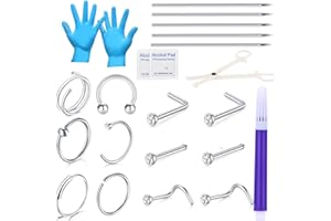 JIESIBAO 22PCS Nose Piercing Kit, Piercing Needles with 18G 20G CZ Nose Screw Studs Double Nose Rings Hoop Captive Nose Rings Stainless Steel Jewelry for Nose Septum Piercing Needles Kit