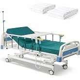 RESTISLAND Hospital Bed Electric 3 Function, 5-Inch Locking Casters for Home Hospital Use, 530LBS Loading, with Remote Control, IV Pole, Mattress, Dining Table, Includes Sheets (2X)