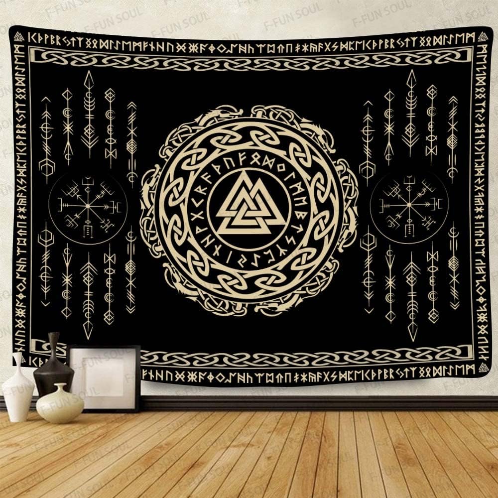 Tapestries - F-FUN SOUL Nordic Vikings Tapestry, Large 80x60inches Soft Flannel, Viking Valknut Celtic Rune Scandinavian Aesthetic Mythology Tapestry Wall Hanging for Bedroom Living Room Decor GTZYFS1625
