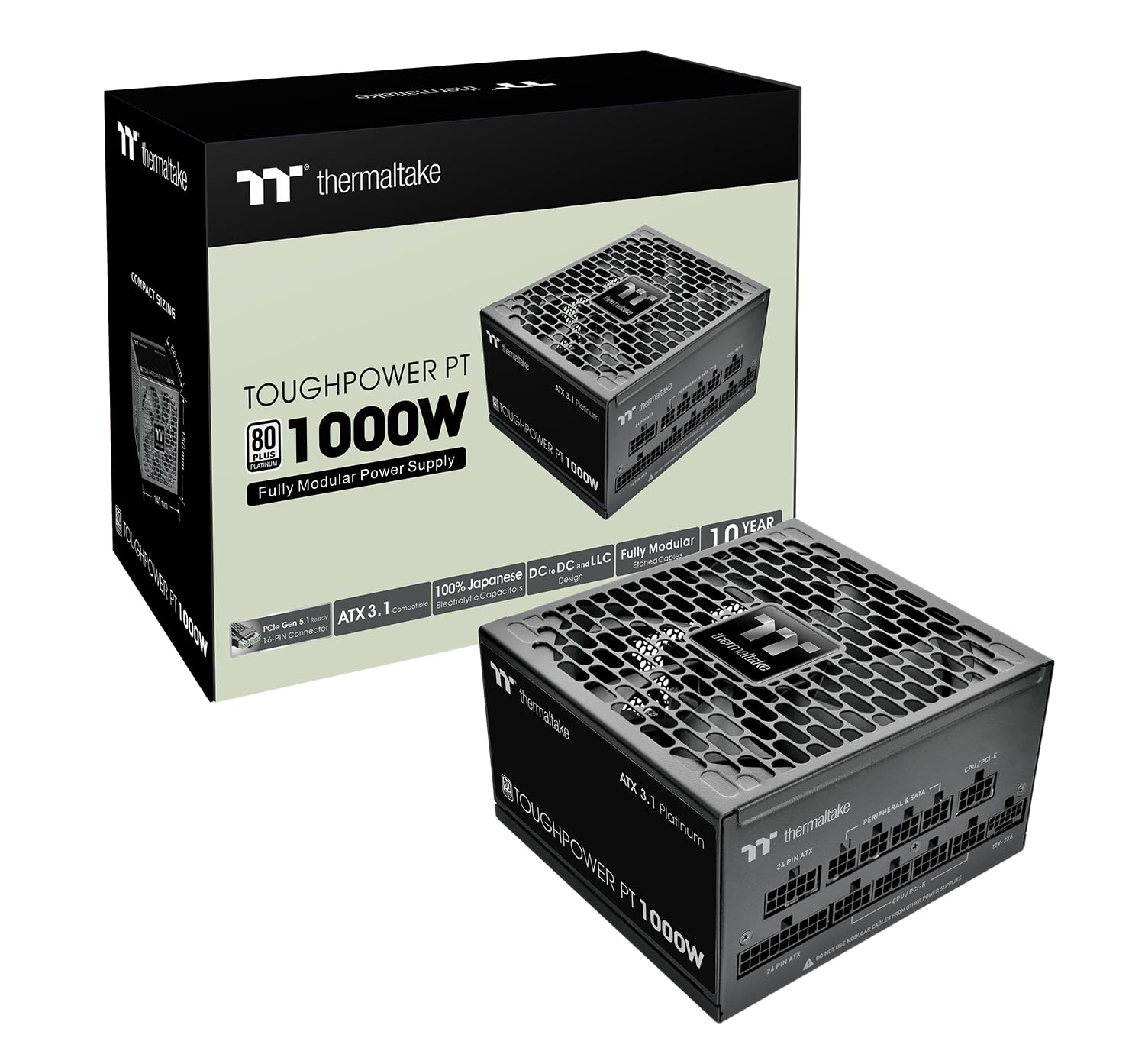 Thermaltake Toughpower PT 1000W Netzteil | ATX 3.1 | PCIe 5.1 12V-2x6 (12+4 Pin) | 80 Plus Platinum | vollmodular | ultraleiser 135mm Hydrauliklüfter, Smart Zero Fan | Low-Profile Kabel