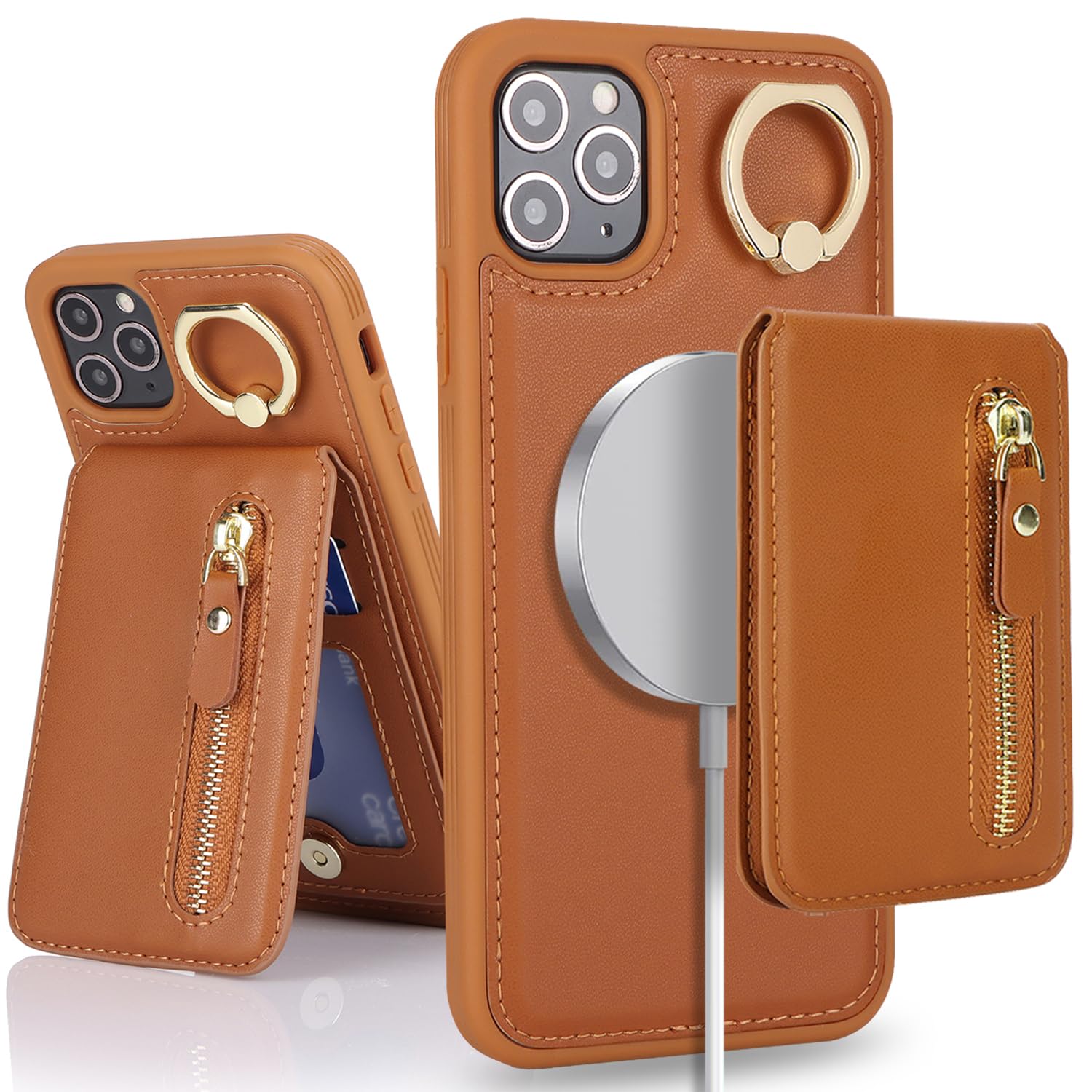 SailorTech Phone Case for iPhone 11 Pro Phone Case with Card Holder, Cover for iPhone 11 Pro Case Ring Stand with Kickstand Card Slots Wallet Detachable 2-in-1 Zipper Case - Brown — image 1