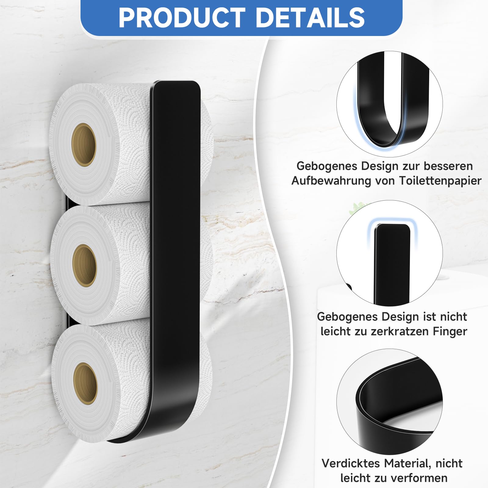 Toilettenpapier Aufbewahrung Schwarz, Selbstklebender Klopapier Aufbewahrung, Toilettenpapierhalter Ohne Bohren, Klorollenaufbewahrung Für 3 Rollen, Ersatzrollenhalter Toilettenpapier 5