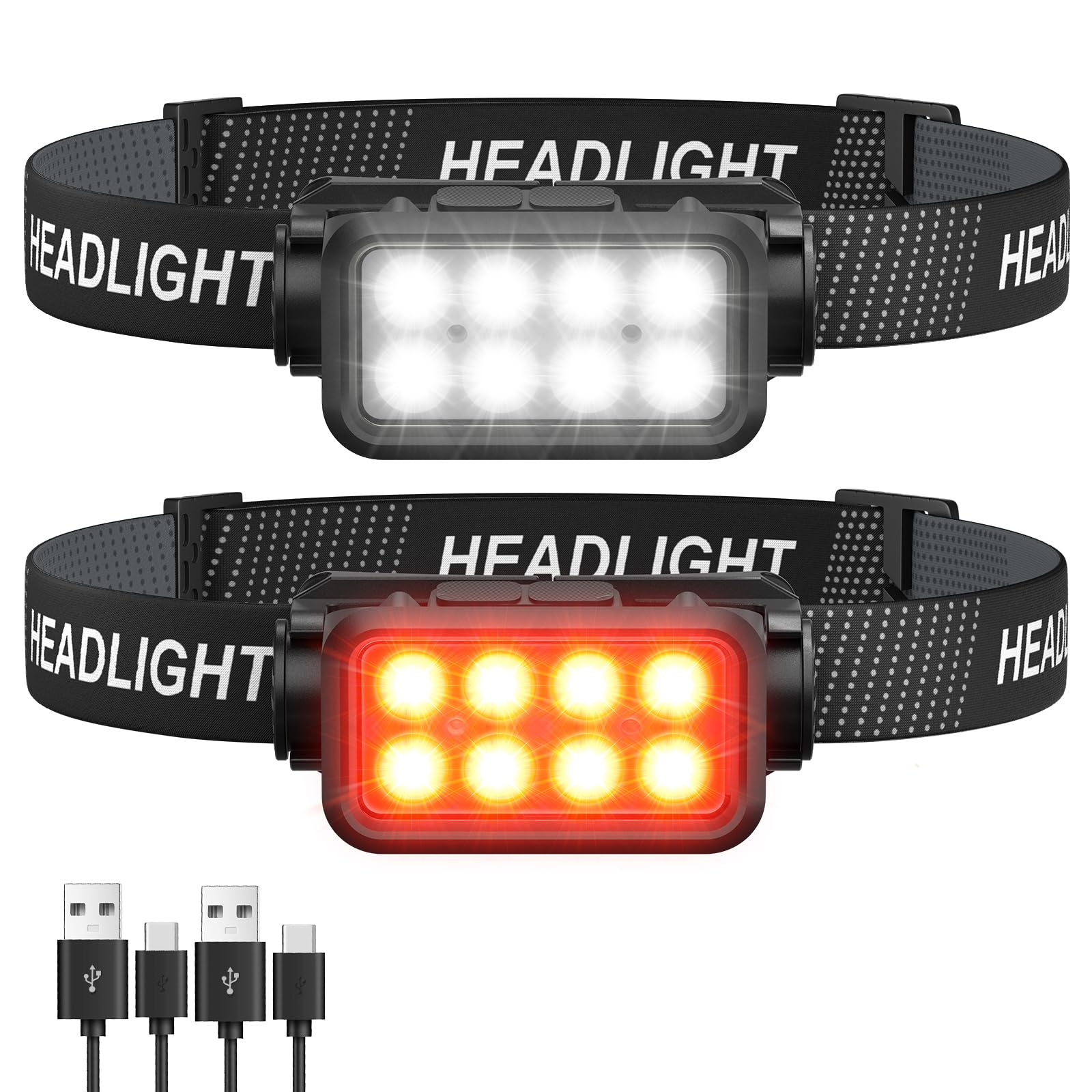 Photo 1 of Rechargeable Headlamp Flashlight, 8 LED 2500 Lumen Super Bright Headlight with White Red Light & Motion Sensor, 2-Pack Waterproof Head Lamp for Adult Kid, Headlamps for Outdoor Camping Running Fishing