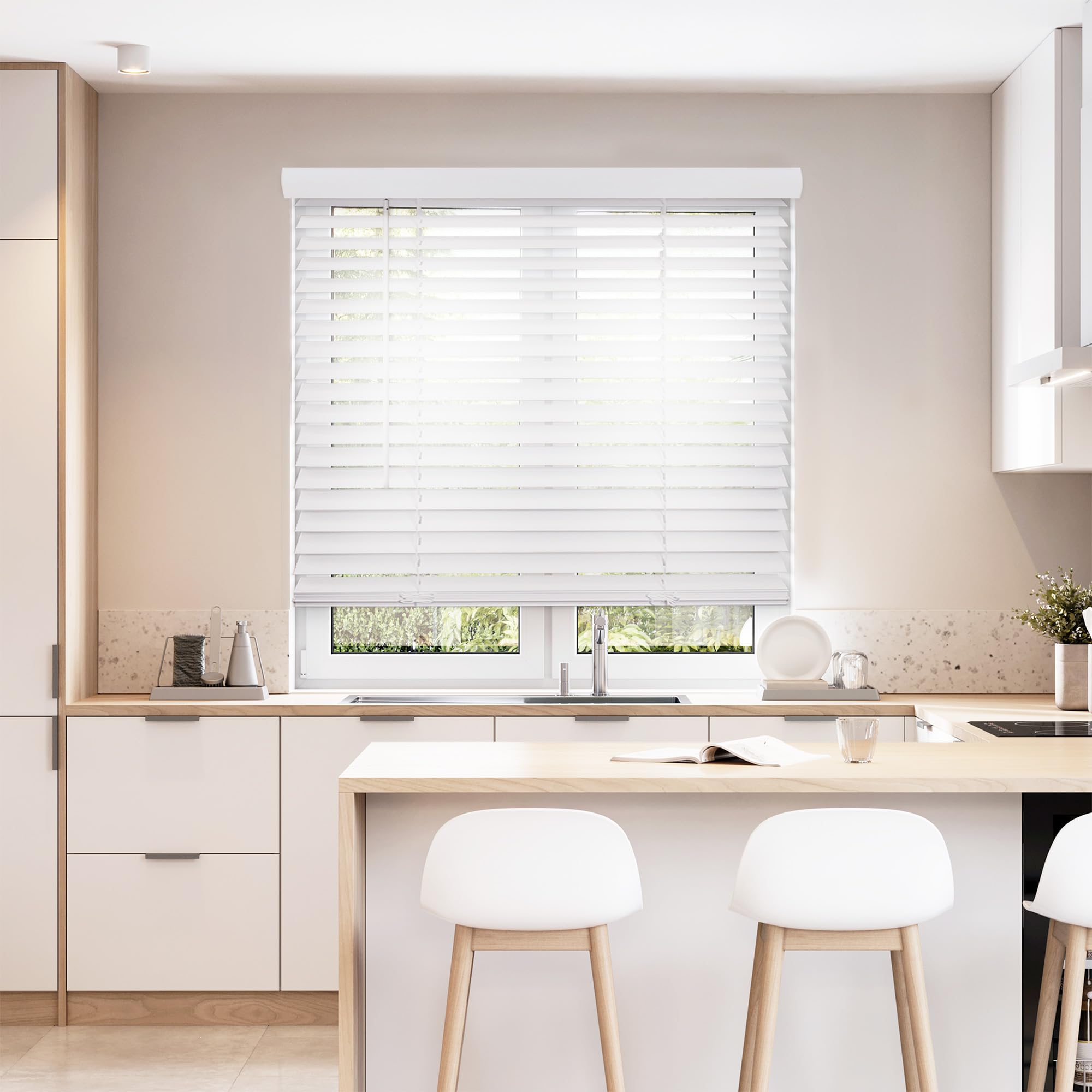 DEZ FURNISHINGS Cordless 2" Smooth Faux Wood Blind, 36.25" W x 60" H, Smooth White Image DEZ FURNISHINGS Cordless 2" Smooth Faux Wood Blind, 36.25" W x 60" H, Smooth White Image