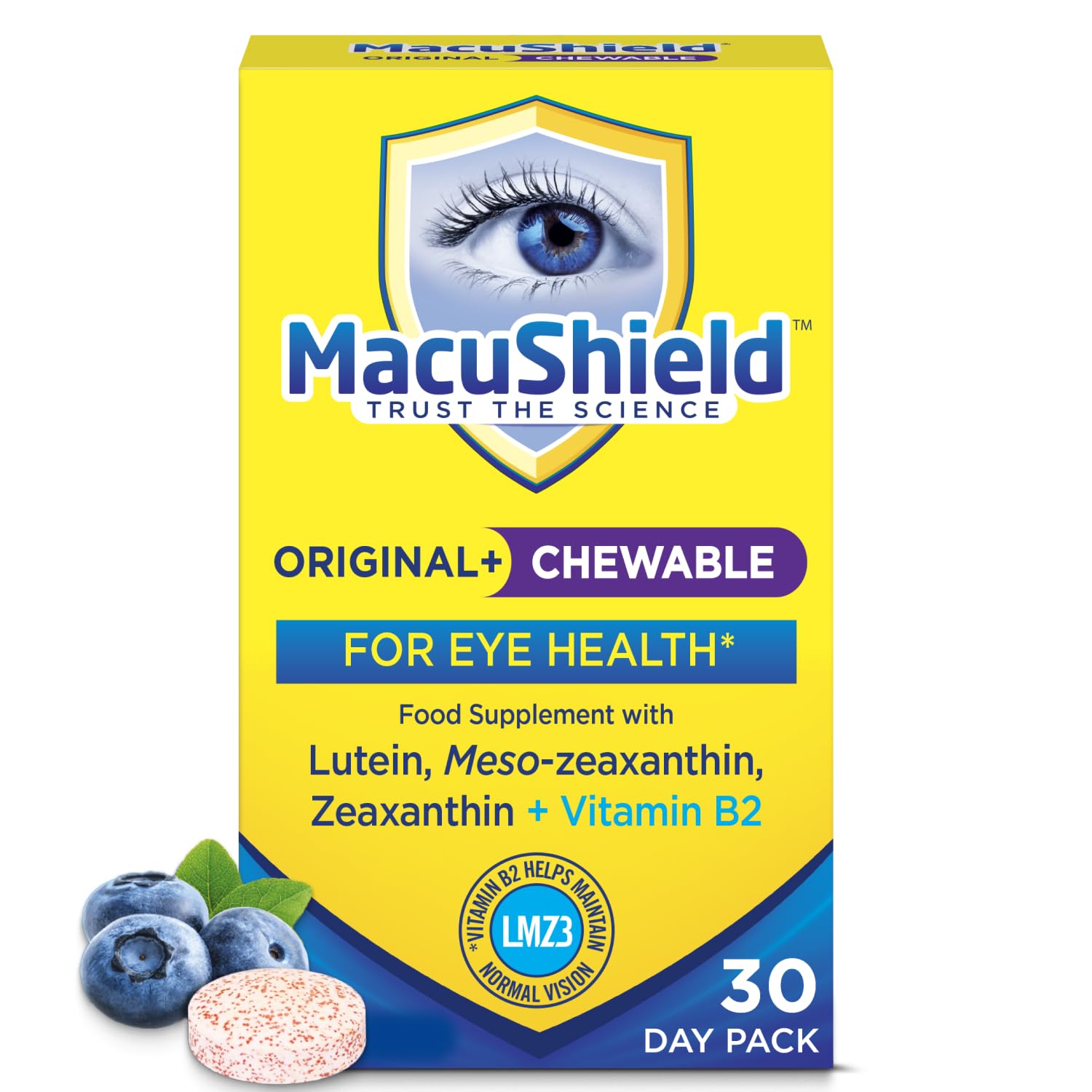 MacuShield Original Plus Chewable – 30 Day Pack, Eye Health Supplement* with Lutein, Zeaxanthin and Meso-zeaxanthin + Vitamin B2 (Riboflavin) which Helps Maintain Normal Vision, Bilberry Flavour