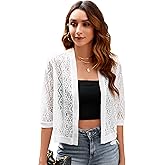 Xunger Women’s 3/4 Sleeve Lace Cardigan Casual Open Front Floral Lace Shrug Summer Cover Up