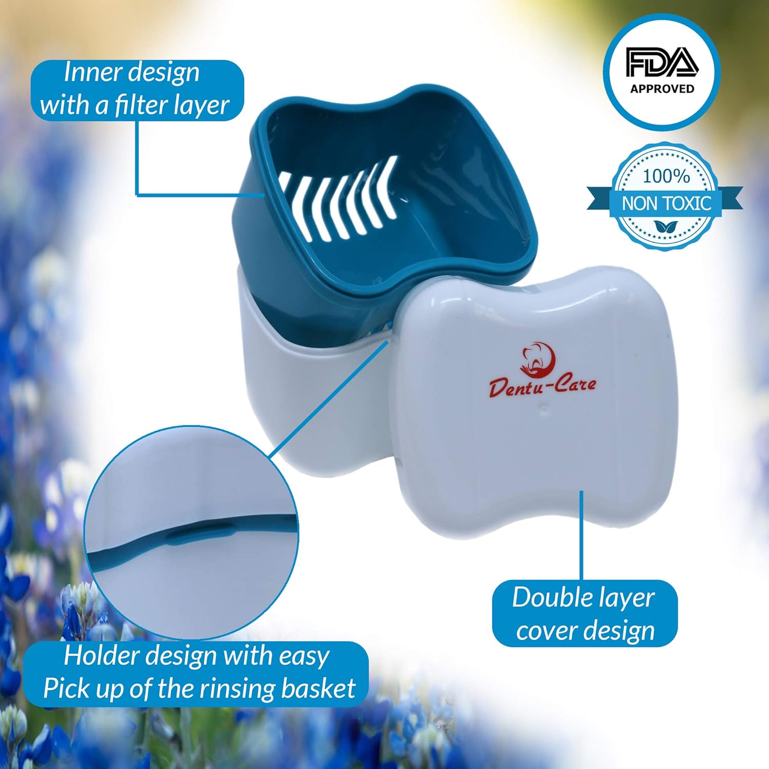 Dentu-Care Denture Case with 2 Denture Cleaning Brushes, Retainer Case with Lid and Draining Basket for Cleaning and Storing: Health & Personal Care