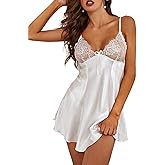 SHENHE Women's Satin Babydoll Lingerie Slip Dress V Neck Lace Mini Chemise Bridal Nightgown