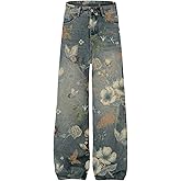 Aelfric Eden Plant Flower Print Baggy Jeans Men Harajuku Wide Leg Jeans Y2k Hip Hop Boyfriend Denim Pants