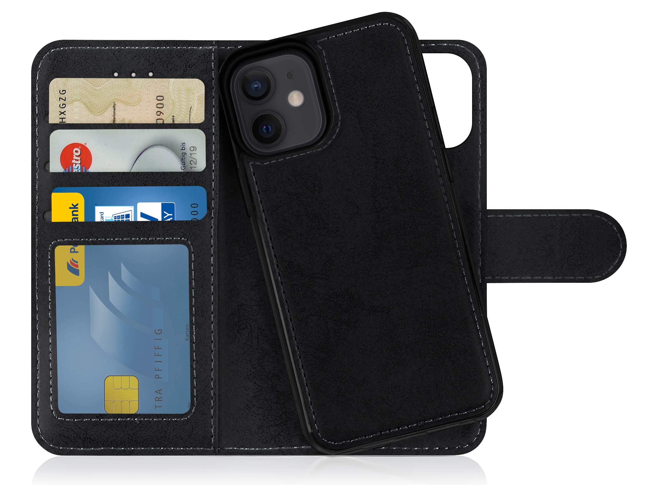 MyGadget Flip Case for iPhone 12 Mini - [ Removable Magnetic Cover ] - PU Leather Phone Case - [ Cover with Card Slot ] Protective Shell in Grey Black