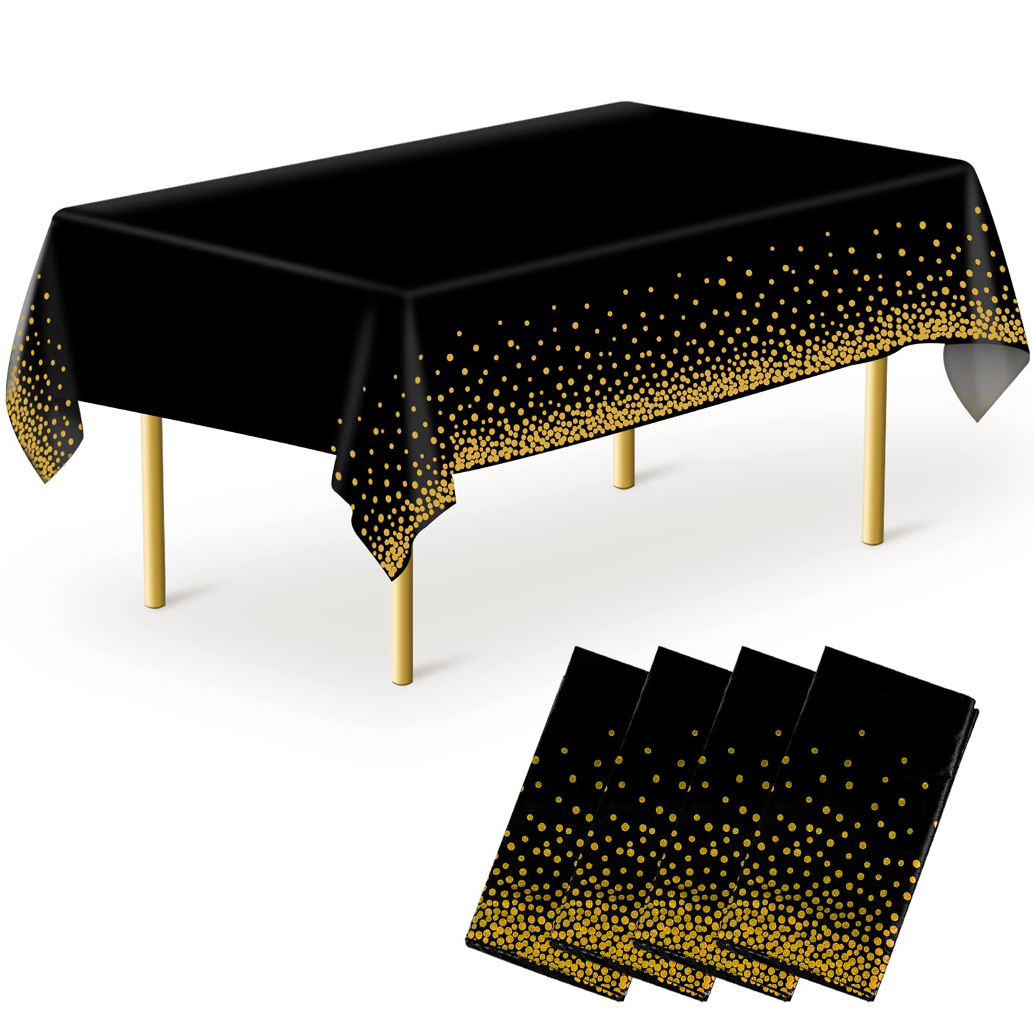 MOKANI Disposable Plastic Tablecloths, 4 Pack Party Rectangle Table Cloths, Black Gold Dot Confetti Rectangular Table Covers for Picnic Weddings Birthday Parties 54" x 108"