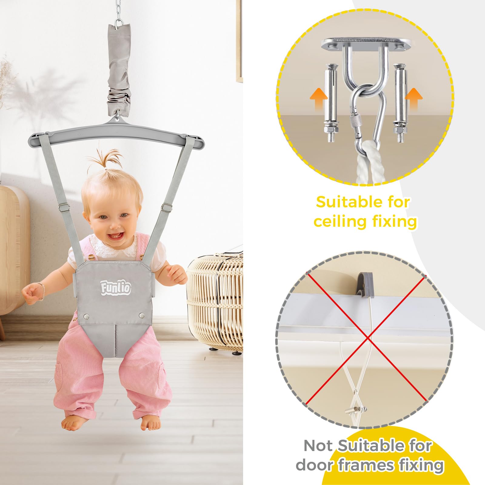 FUNLIO Baby Jumper with a Ceiling Hook for 6-24 Months, Baby Door Jumper for Indoor/Outdoor Play, Infant Jumper Doorway with Adjustable Chain, Easy to Assemble & Store (with a Ceiling Hook)- Grey