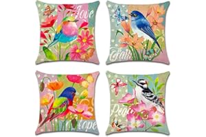 Artscope Set of 4 Waterproof Throw Pillow Covers 18x18 Inches, Flower Bird Butterfly Pattern Decorative Cushion Covers, Perfect to Outdoor Patio Garden Living Room Sofa Farmhouse Decor