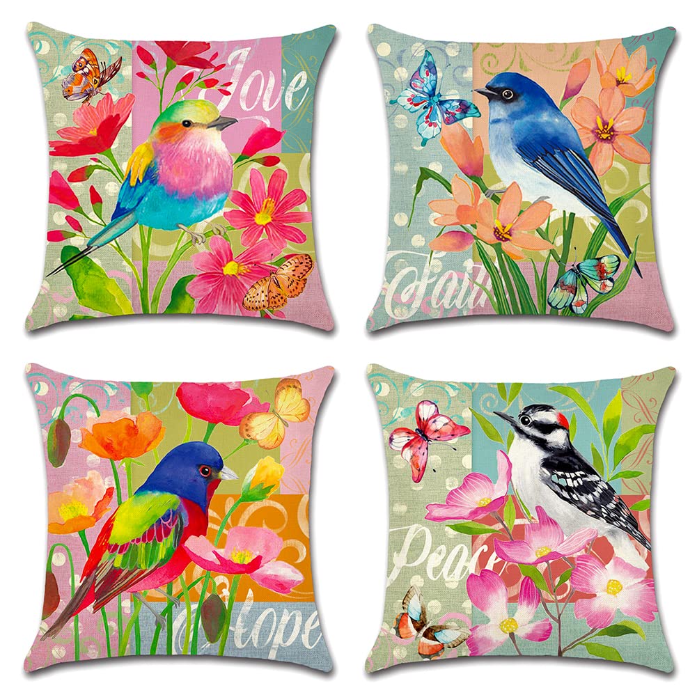 Artscope Set of 4 Waterproof Cushion Covers 45x45cm, Decorative Flower Bird Butterfly Throw Pillow Covers, Perfect to Outdoor Patio Garden Bench Living Room Sofa Farmhouse Decor — image 1