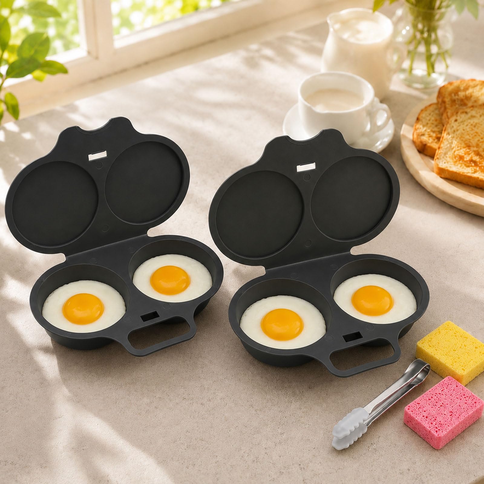2027 Upgraded Dual Cavity Microwave Egg Poacher With Lid & Handle, Quick-Heat Nonstick Microwave Egg Cooker for 2 Eggs, Quick Oil-Free Cooking, Food-Grade Pp & Versatile Kitchen Essential,Black*2